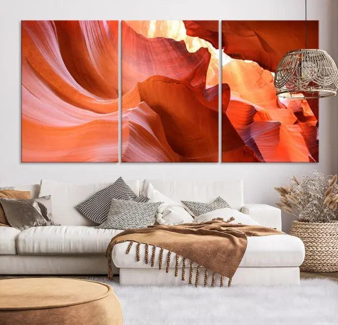 The Antelope Canyon Wall Art Canvas Print features vibrant canyon formations on museum-quality canvas, enhanced with a UV-protective coating.