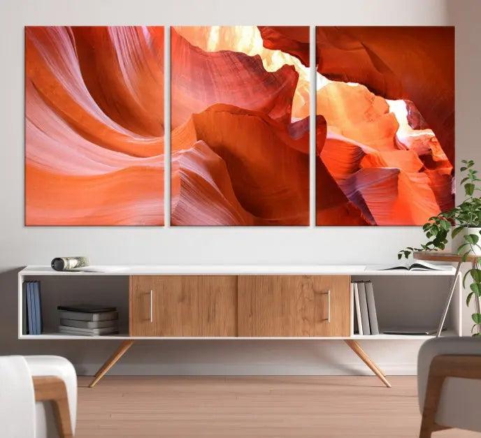 The Antelope Canyon Wall Art Canvas Print features vibrant canyon formations on museum-quality canvas, enhanced with a UV-protective coating.