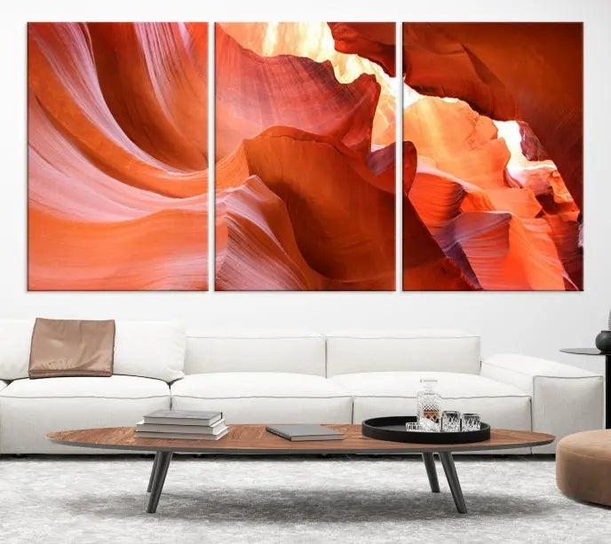 The Antelope Canyon Wall Art Canvas Print features vibrant canyon formations on museum-quality canvas, enhanced with a UV-protective coating.