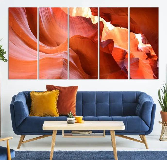 The Antelope Canyon Wall Art Canvas Print features vibrant canyon formations on museum-quality canvas, enhanced with a UV-protective coating.