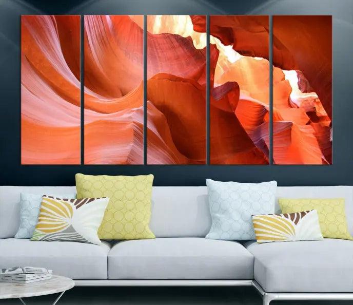 The Antelope Canyon Wall Art Canvas Print features vibrant canyon formations on museum-quality canvas, enhanced with a UV-protective coating.