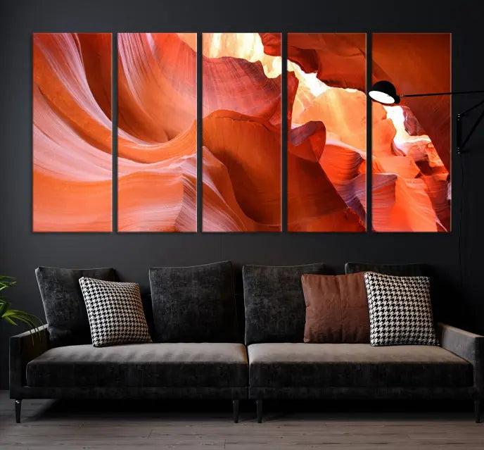 The Antelope Canyon Wall Art Canvas Print features vibrant canyon formations on museum-quality canvas, enhanced with a UV-protective coating.