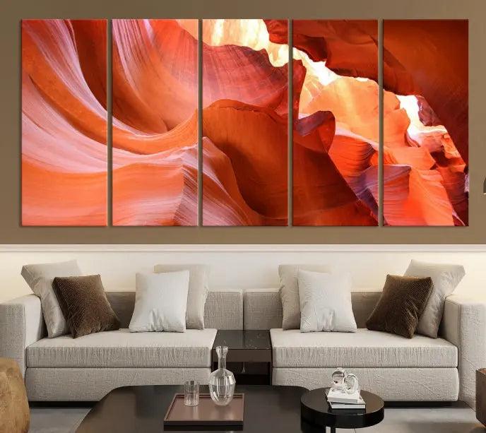 The Antelope Canyon Wall Art Canvas Print features vibrant canyon formations on museum-quality canvas, enhanced with a UV-protective coating.