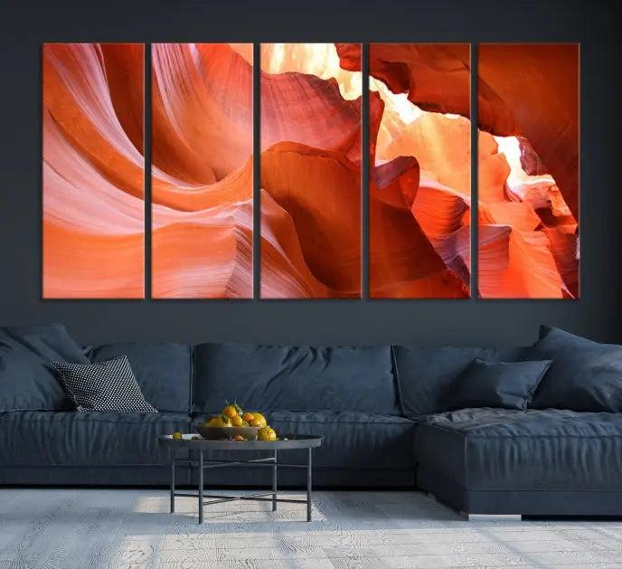 The Antelope Canyon Wall Art Canvas Print features vibrant canyon formations on museum-quality canvas, enhanced with a UV-protective coating.