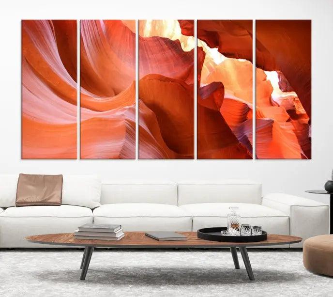 The Antelope Canyon Wall Art Canvas Print features vibrant canyon formations on museum-quality canvas, enhanced with a UV-protective coating.