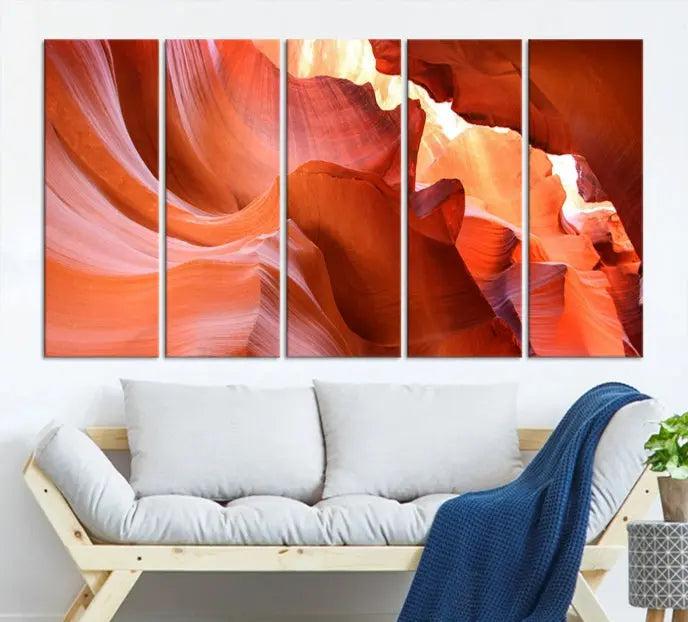 The Antelope Canyon Wall Art Canvas Print features vibrant canyon formations on museum-quality canvas, enhanced with a UV-protective coating.