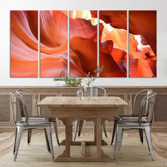 The Antelope Canyon Wall Art Canvas Print features vibrant canyon formations on museum-quality canvas, enhanced with a UV-protective coating.