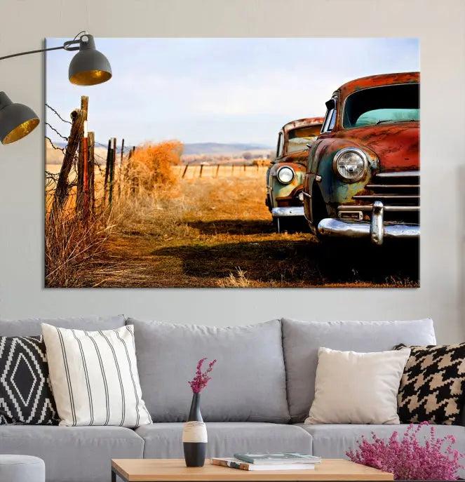 This Antica Car Wall Art Canvas Print features a triptych of vintage cars set against a rural landscape. The gallery-wrapped artwork is presented on museum-quality canvases, complete with a UV-protective coating to ensure every detail stands out beautifully.