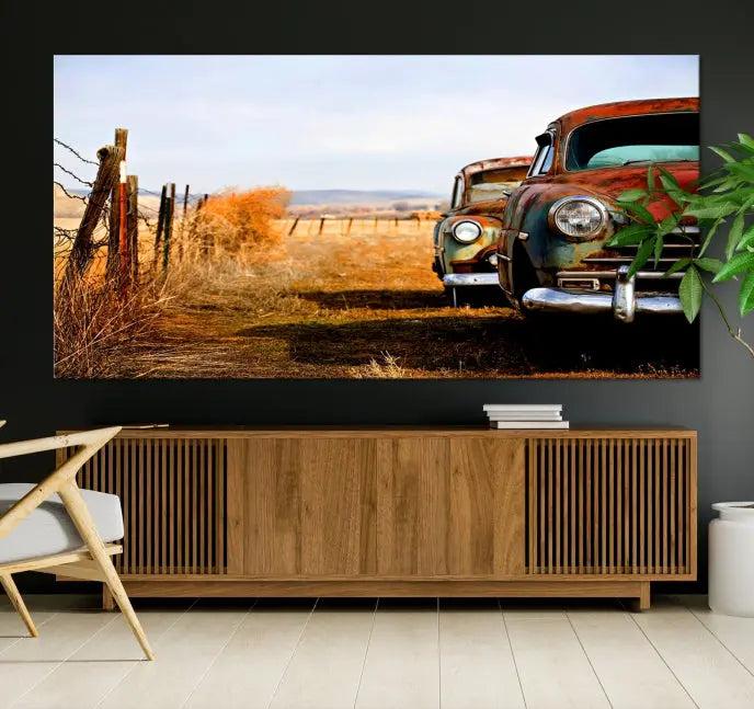 This Antica Car Wall Art Canvas Print features a triptych of vintage cars set against a rural landscape. The gallery-wrapped artwork is presented on museum-quality canvases, complete with a UV-protective coating to ensure every detail stands out beautifully.