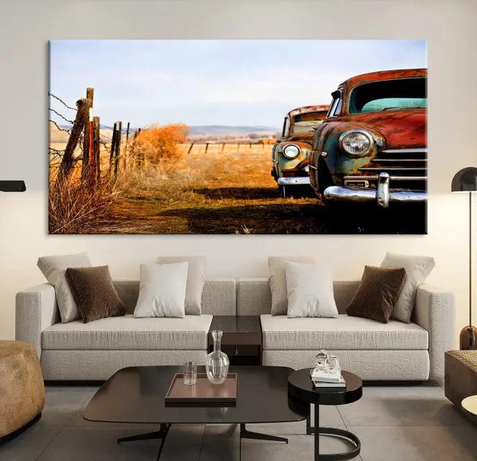 This Antica Car Wall Art Canvas Print features a triptych of vintage cars set against a rural landscape. The gallery-wrapped artwork is presented on museum-quality canvases, complete with a UV-protective coating to ensure every detail stands out beautifully.