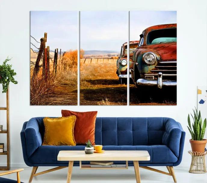 This Antica Car Wall Art Canvas Print features a triptych of vintage cars set against a rural landscape. The gallery-wrapped artwork is presented on museum-quality canvases, complete with a UV-protective coating to ensure every detail stands out beautifully.