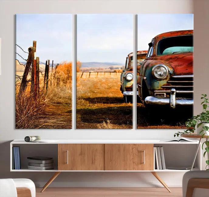 This Antica Car Wall Art Canvas Print features a triptych of vintage cars set against a rural landscape. The gallery-wrapped artwork is presented on museum-quality canvases, complete with a UV-protective coating to ensure every detail stands out beautifully.