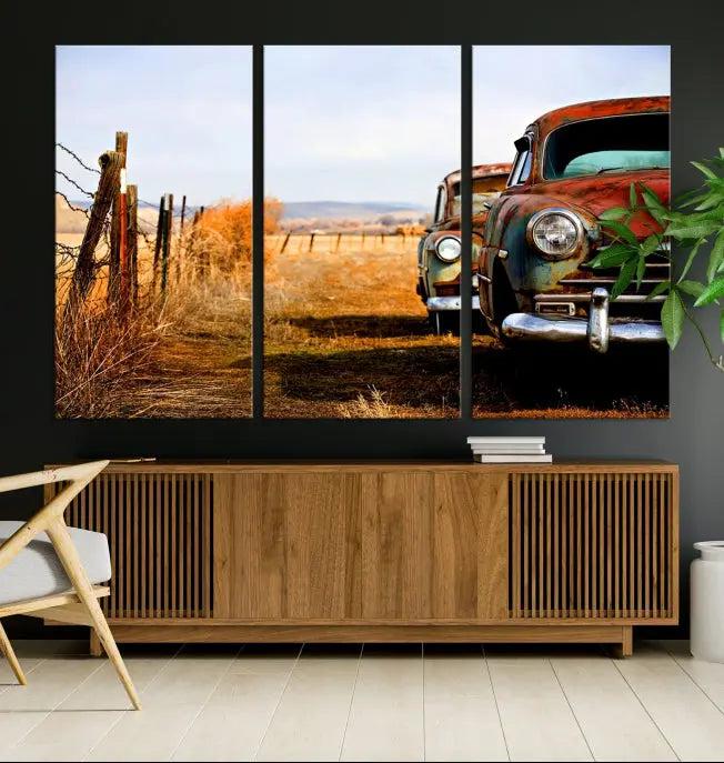 This Antica Car Wall Art Canvas Print features a triptych of vintage cars set against a rural landscape. The gallery-wrapped artwork is presented on museum-quality canvases, complete with a UV-protective coating to ensure every detail stands out beautifully.