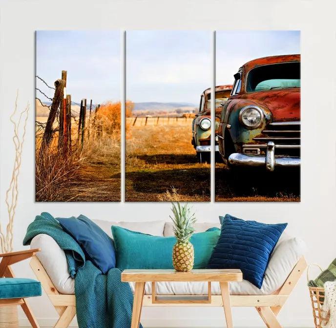 This Antica Car Wall Art Canvas Print features a triptych of vintage cars set against a rural landscape. The gallery-wrapped artwork is presented on museum-quality canvases, complete with a UV-protective coating to ensure every detail stands out beautifully.