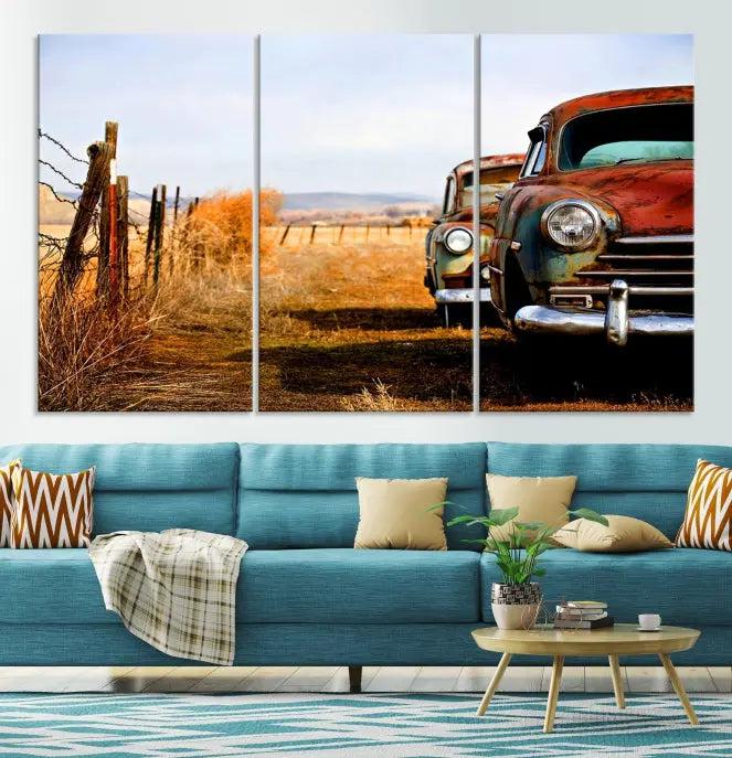 This Antica Car Wall Art Canvas Print features a triptych of vintage cars set against a rural landscape. The gallery-wrapped artwork is presented on museum-quality canvases, complete with a UV-protective coating to ensure every detail stands out beautifully.