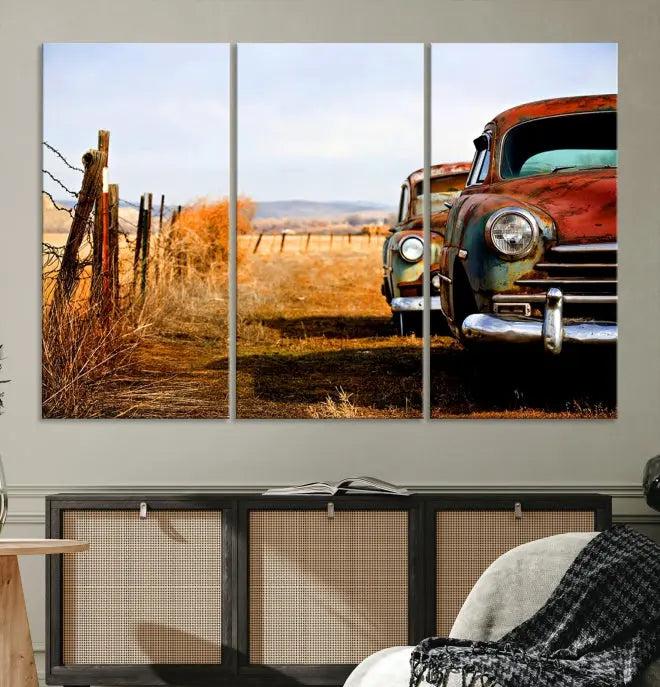 This Antica Car Wall Art Canvas Print features a triptych of vintage cars set against a rural landscape. The gallery-wrapped artwork is presented on museum-quality canvases, complete with a UV-protective coating to ensure every detail stands out beautifully.