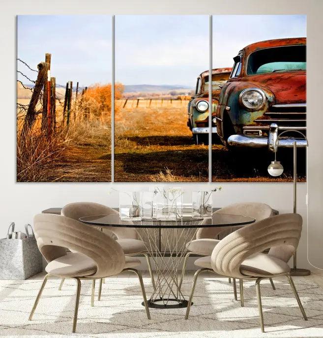 This Antica Car Wall Art Canvas Print features a triptych of vintage cars set against a rural landscape. The gallery-wrapped artwork is presented on museum-quality canvases, complete with a UV-protective coating to ensure every detail stands out beautifully.