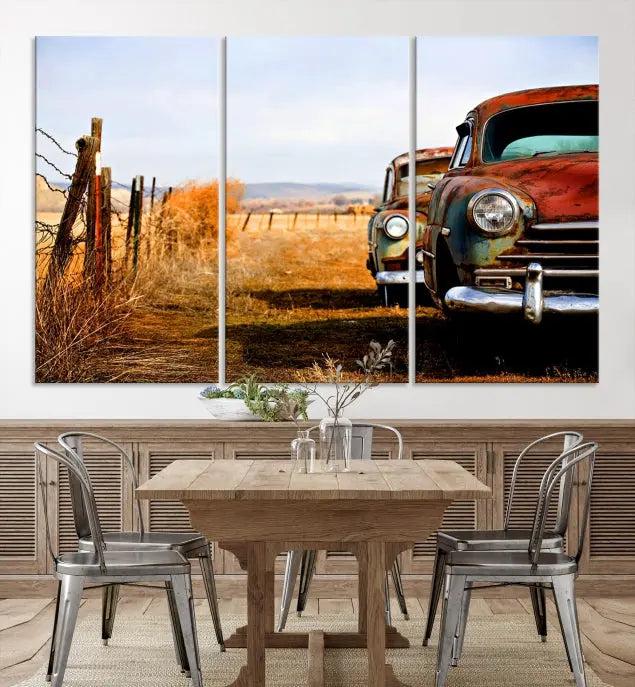 This Antica Car Wall Art Canvas Print features a triptych of vintage cars set against a rural landscape. The gallery-wrapped artwork is presented on museum-quality canvases, complete with a UV-protective coating to ensure every detail stands out beautifully.