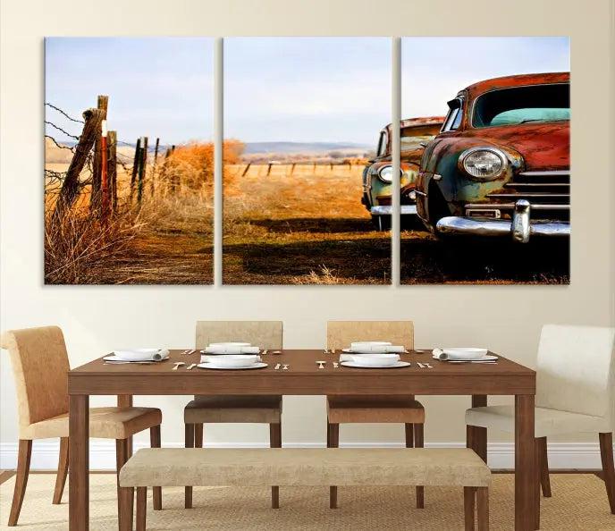 This Antica Car Wall Art Canvas Print features a triptych of vintage cars set against a rural landscape. The gallery-wrapped artwork is presented on museum-quality canvases, complete with a UV-protective coating to ensure every detail stands out beautifully.