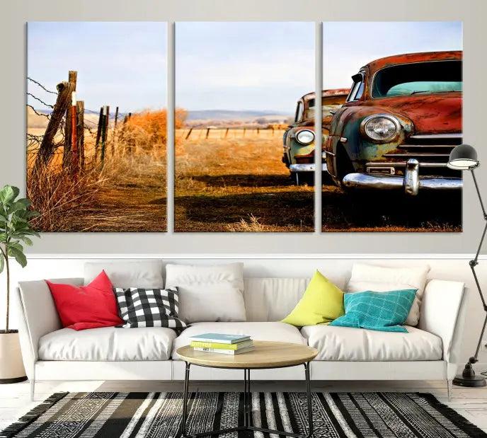 This Antica Car Wall Art Canvas Print features a triptych of vintage cars set against a rural landscape. The gallery-wrapped artwork is presented on museum-quality canvases, complete with a UV-protective coating to ensure every detail stands out beautifully.