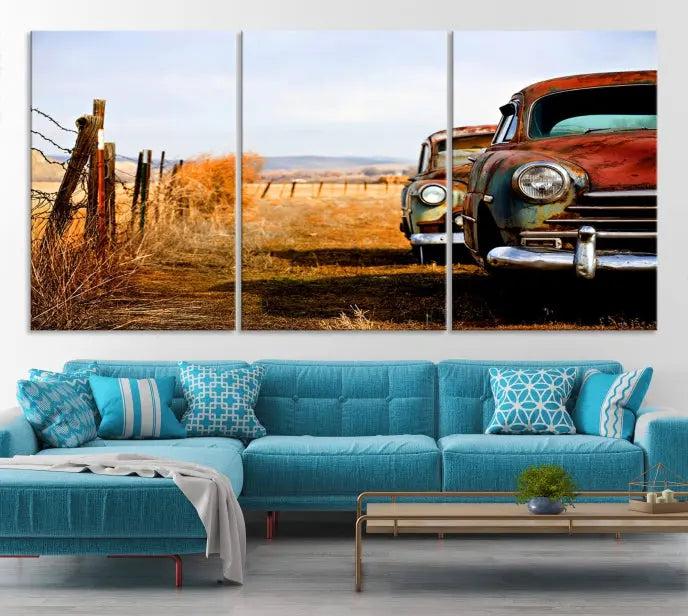 This Antica Car Wall Art Canvas Print features a triptych of vintage cars set against a rural landscape. The gallery-wrapped artwork is presented on museum-quality canvases, complete with a UV-protective coating to ensure every detail stands out beautifully.