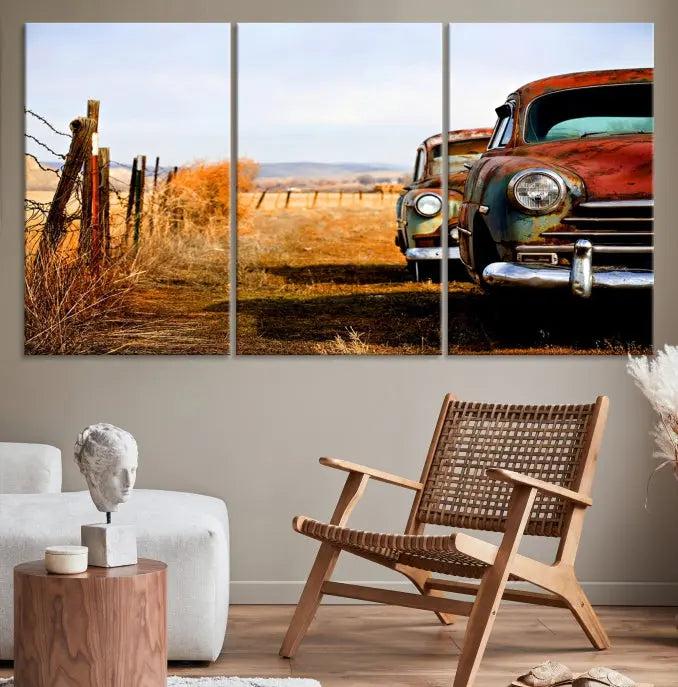 This Antica Car Wall Art Canvas Print features a triptych of vintage cars set against a rural landscape. The gallery-wrapped artwork is presented on museum-quality canvases, complete with a UV-protective coating to ensure every detail stands out beautifully.