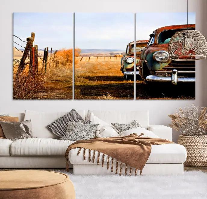 This Antica Car Wall Art Canvas Print features a triptych of vintage cars set against a rural landscape. The gallery-wrapped artwork is presented on museum-quality canvases, complete with a UV-protective coating to ensure every detail stands out beautifully.