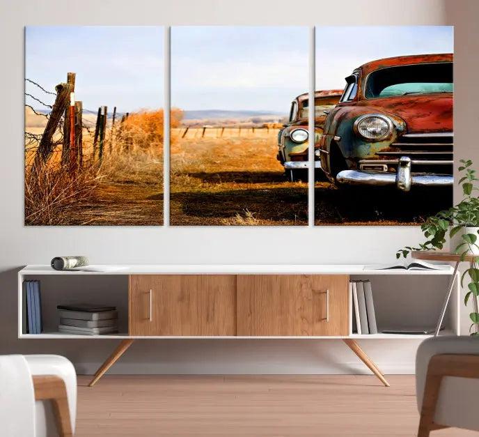 This Antica Car Wall Art Canvas Print features a triptych of vintage cars set against a rural landscape. The gallery-wrapped artwork is presented on museum-quality canvases, complete with a UV-protective coating to ensure every detail stands out beautifully.