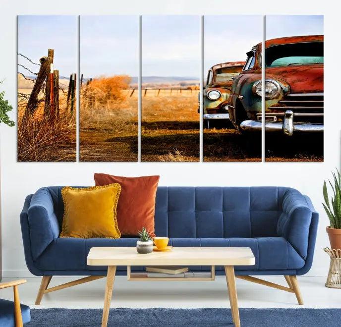 This Antica Car Wall Art Canvas Print features a triptych of vintage cars set against a rural landscape. The gallery-wrapped artwork is presented on museum-quality canvases, complete with a UV-protective coating to ensure every detail stands out beautifully.