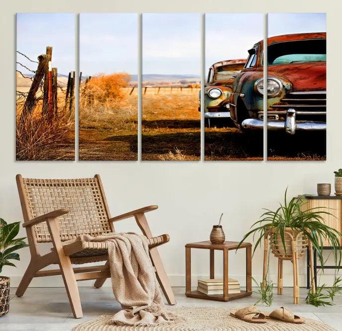 This Antica Car Wall Art Canvas Print features a triptych of vintage cars set against a rural landscape. The gallery-wrapped artwork is presented on museum-quality canvases, complete with a UV-protective coating to ensure every detail stands out beautifully.