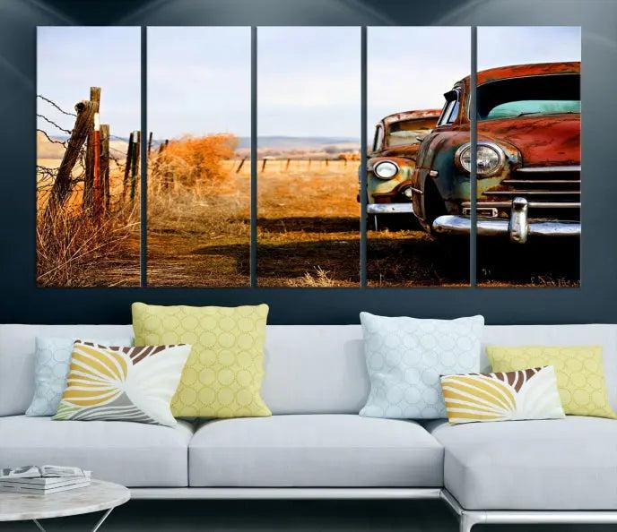 This Antica Car Wall Art Canvas Print features a triptych of vintage cars set against a rural landscape. The gallery-wrapped artwork is presented on museum-quality canvases, complete with a UV-protective coating to ensure every detail stands out beautifully.