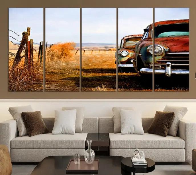 This Antica Car Wall Art Canvas Print features a triptych of vintage cars set against a rural landscape. The gallery-wrapped artwork is presented on museum-quality canvases, complete with a UV-protective coating to ensure every detail stands out beautifully.