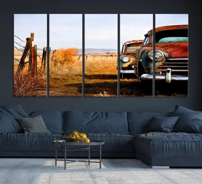 This Antica Car Wall Art Canvas Print features a triptych of vintage cars set against a rural landscape. The gallery-wrapped artwork is presented on museum-quality canvases, complete with a UV-protective coating to ensure every detail stands out beautifully.