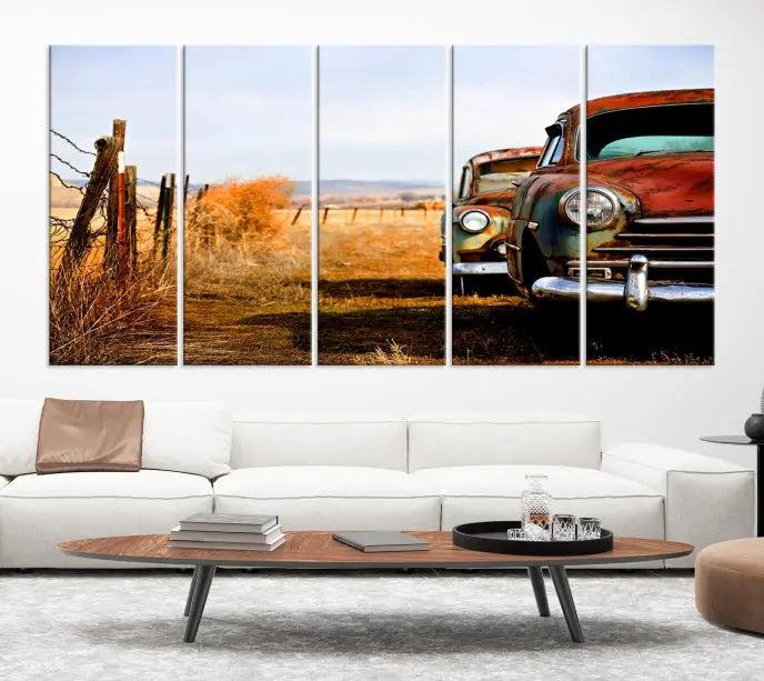 This Antica Car Wall Art Canvas Print features a triptych of vintage cars set against a rural landscape. The gallery-wrapped artwork is presented on museum-quality canvases, complete with a UV-protective coating to ensure every detail stands out beautifully.