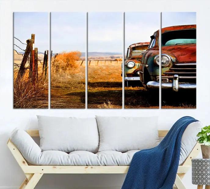 This Antica Car Wall Art Canvas Print features a triptych of vintage cars set against a rural landscape. The gallery-wrapped artwork is presented on museum-quality canvases, complete with a UV-protective coating to ensure every detail stands out beautifully.