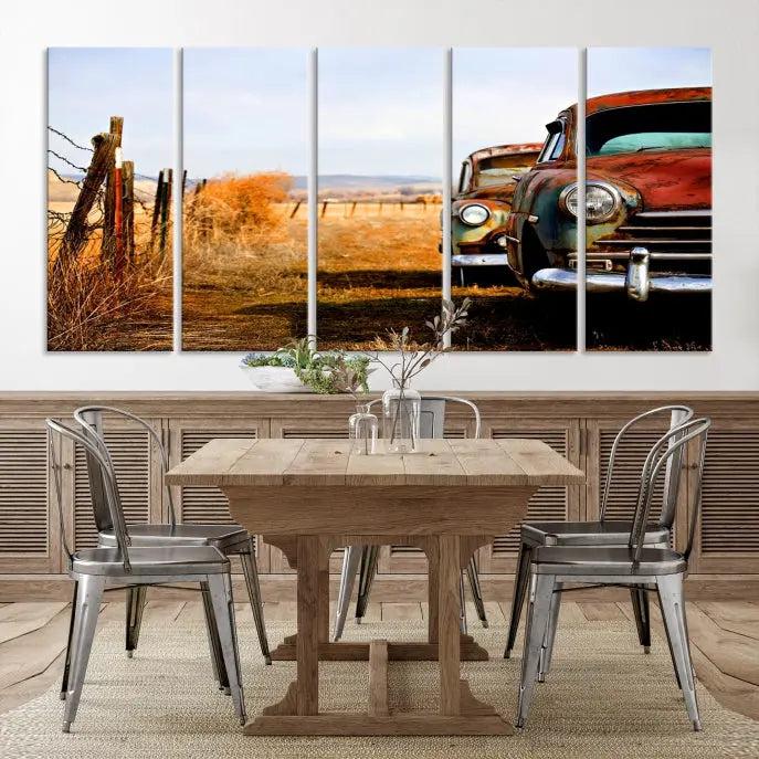 This Antica Car Wall Art Canvas Print features a triptych of vintage cars set against a rural landscape. The gallery-wrapped artwork is presented on museum-quality canvases, complete with a UV-protective coating to ensure every detail stands out beautifully.