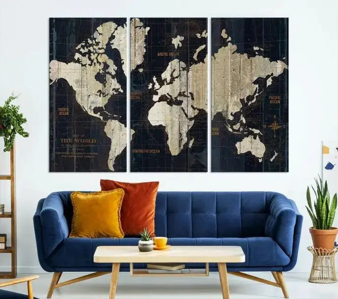 An Antique Old World Map Wall Art Canvas Print, crafted on museum-quality canvas with UV-protective coating, hangs prominently in the room.