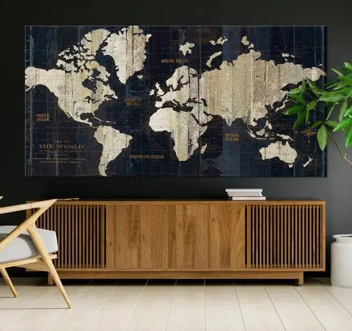 An Antique Old World Map Wall Art Canvas Print, crafted on museum-quality canvas with UV-protective coating, hangs prominently in the room.