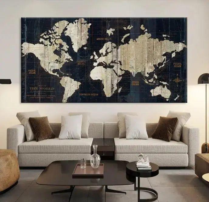 An Antique Old World Map Wall Art Canvas Print, crafted on museum-quality canvas with UV-protective coating, hangs prominently in the room.