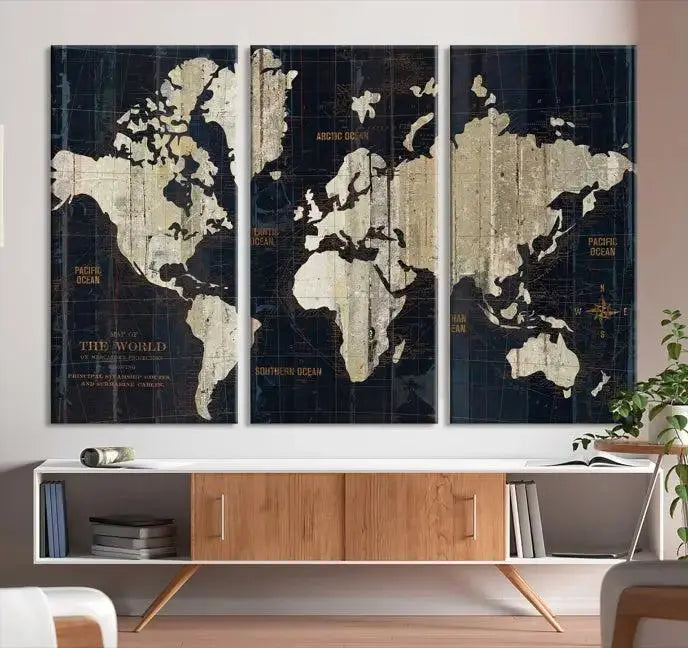 An Antique Old World Map Wall Art Canvas Print, crafted on museum-quality canvas with UV-protective coating, hangs prominently in the room.