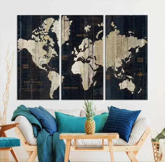 An Antique Old World Map Wall Art Canvas Print, crafted on museum-quality canvas with UV-protective coating, hangs prominently in the room.