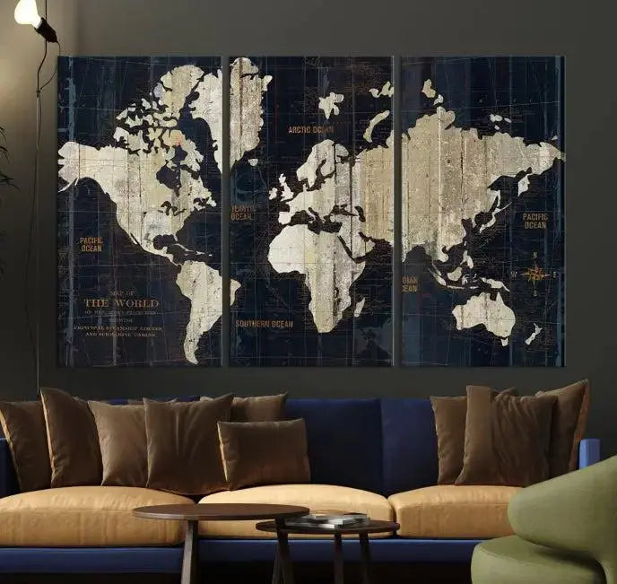 An Antique Old World Map Wall Art Canvas Print, crafted on museum-quality canvas with UV-protective coating, hangs prominently in the room.