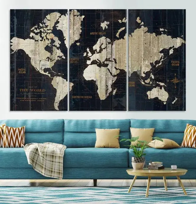 An Antique Old World Map Wall Art Canvas Print, crafted on museum-quality canvas with UV-protective coating, hangs prominently in the room.