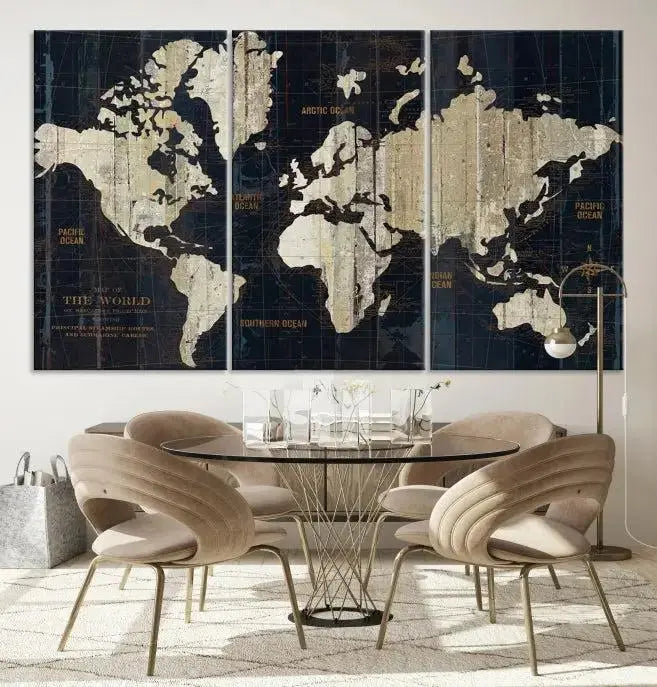 An Antique Old World Map Wall Art Canvas Print, crafted on museum-quality canvas with UV-protective coating, hangs prominently in the room.