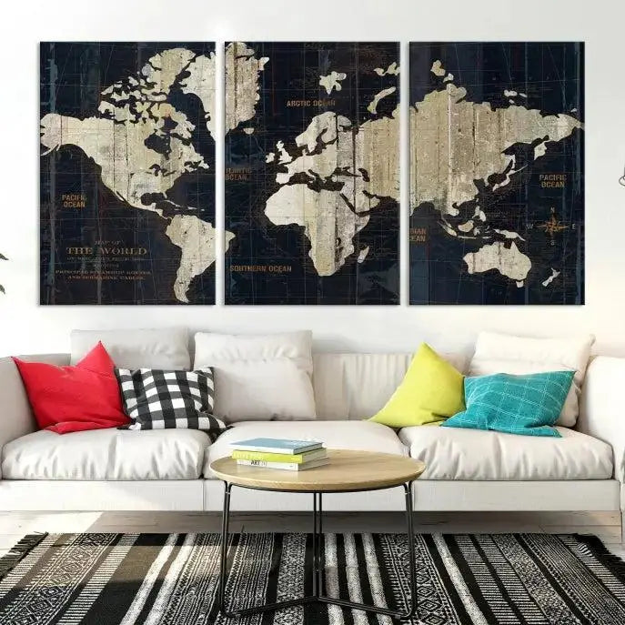 An Antique Old World Map Wall Art Canvas Print, crafted on museum-quality canvas with UV-protective coating, hangs prominently in the room.