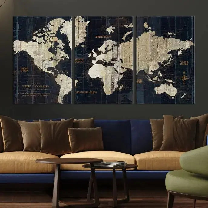 An Antique Old World Map Wall Art Canvas Print, crafted on museum-quality canvas with UV-protective coating, hangs prominently in the room.