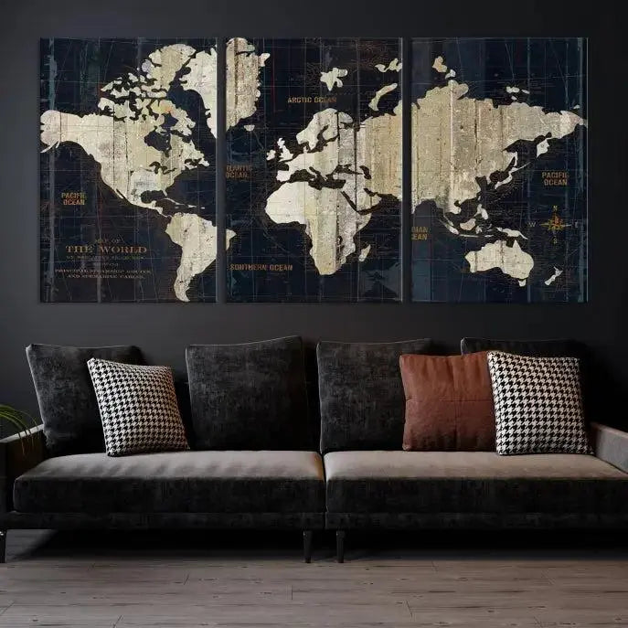 An Antique Old World Map Wall Art Canvas Print, crafted on museum-quality canvas with UV-protective coating, hangs prominently in the room.