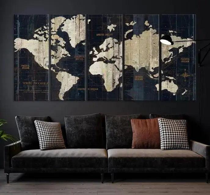 An Antique Old World Map Wall Art Canvas Print, crafted on museum-quality canvas with UV-protective coating, hangs prominently in the room.