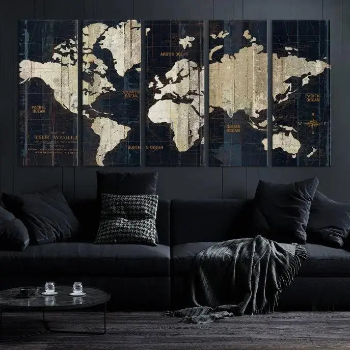 An Antique Old World Map Wall Art Canvas Print, crafted on museum-quality canvas with UV-protective coating, hangs prominently in the room.