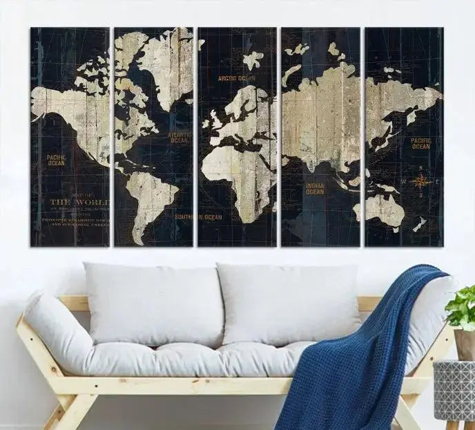 An Antique Old World Map Wall Art Canvas Print, crafted on museum-quality canvas with UV-protective coating, hangs prominently in the room.